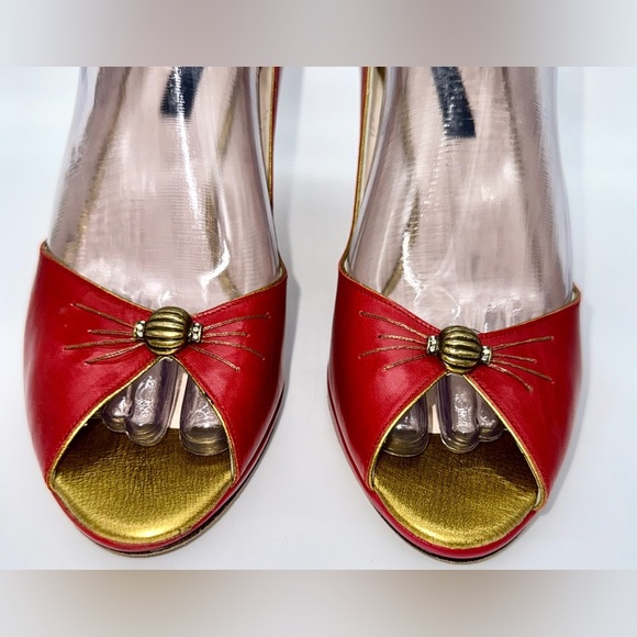 LULU GUINNESS Red Leather 3” Heels Old Style Diamond Accents Size: 39/ US:8 - Picture 4 of 7
